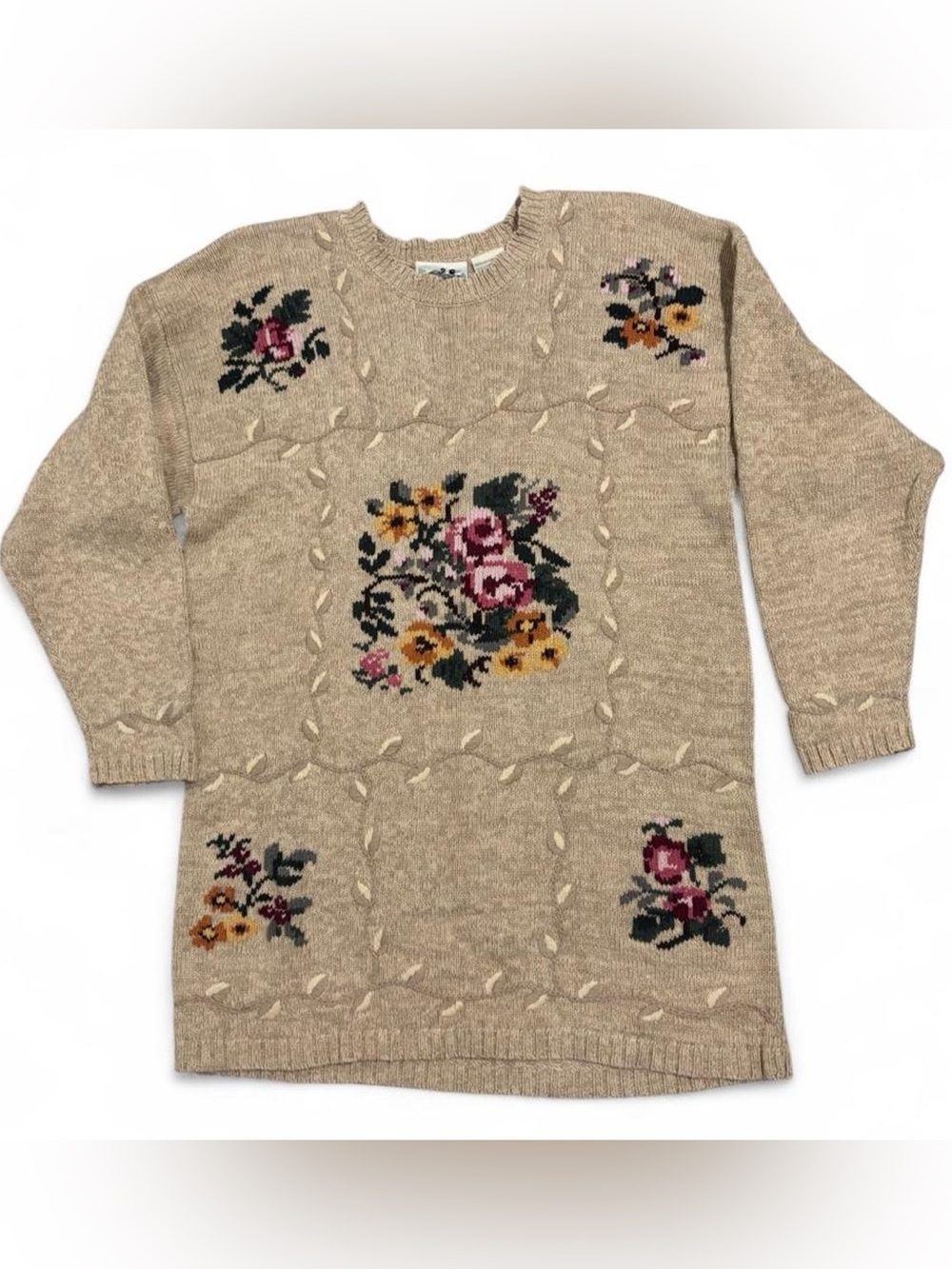 Vintage Floral Knit Cotton Sweater by Northern Reflections, Size Medium